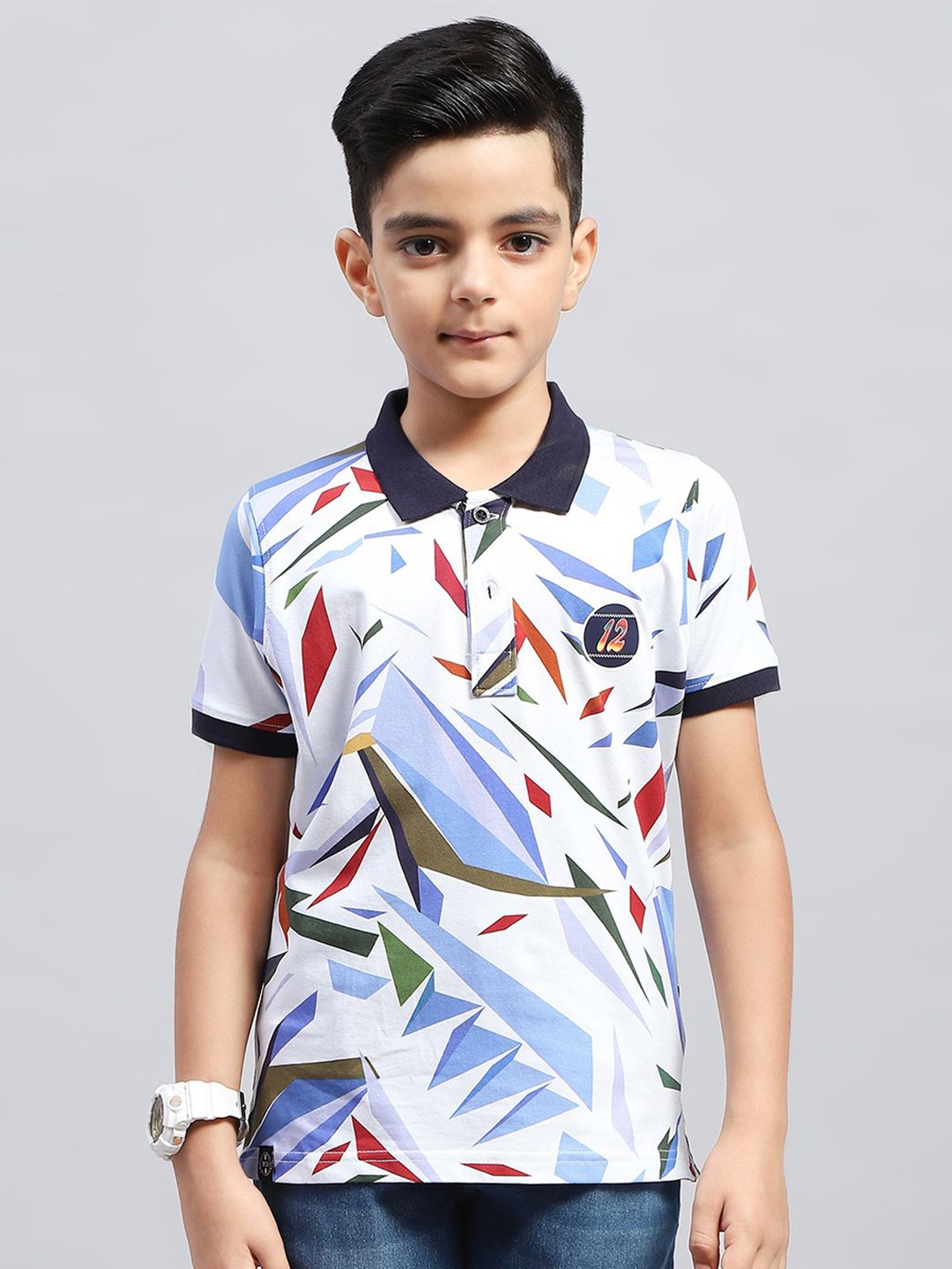 

Monte Carlo Boys Geometric Printed Polo Collar T-shirt, White