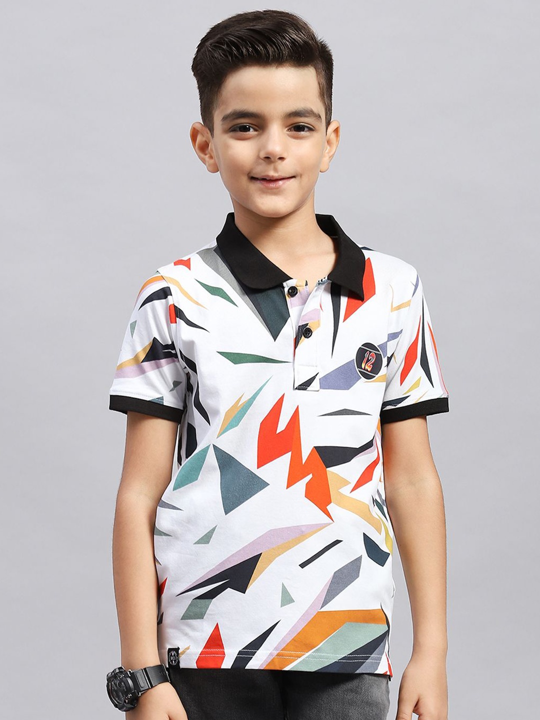 

Monte Carlo Boys Geometric Printed Polo Collar T-shirt, White