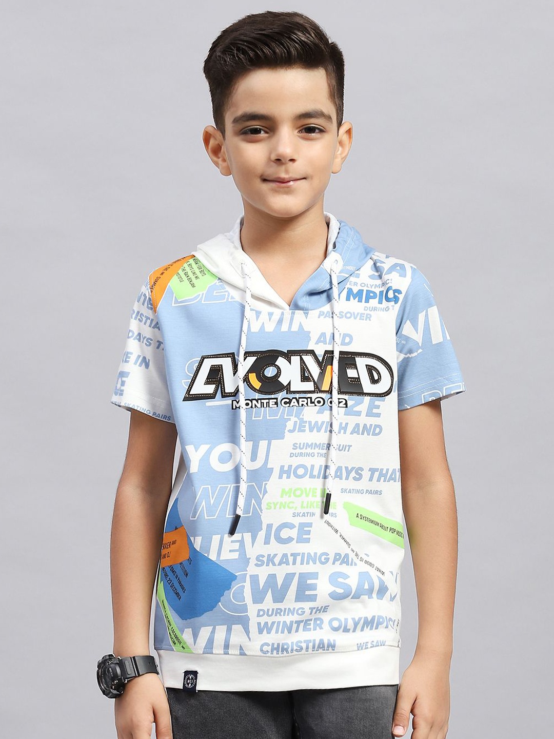 

Monte Carlo Boys Typography Printed Hooded T-shirt, Off white