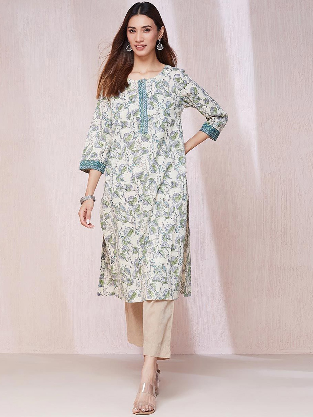 

Fabindia Ethnic Motifs Printed Cotton Straight Kurta, Teal