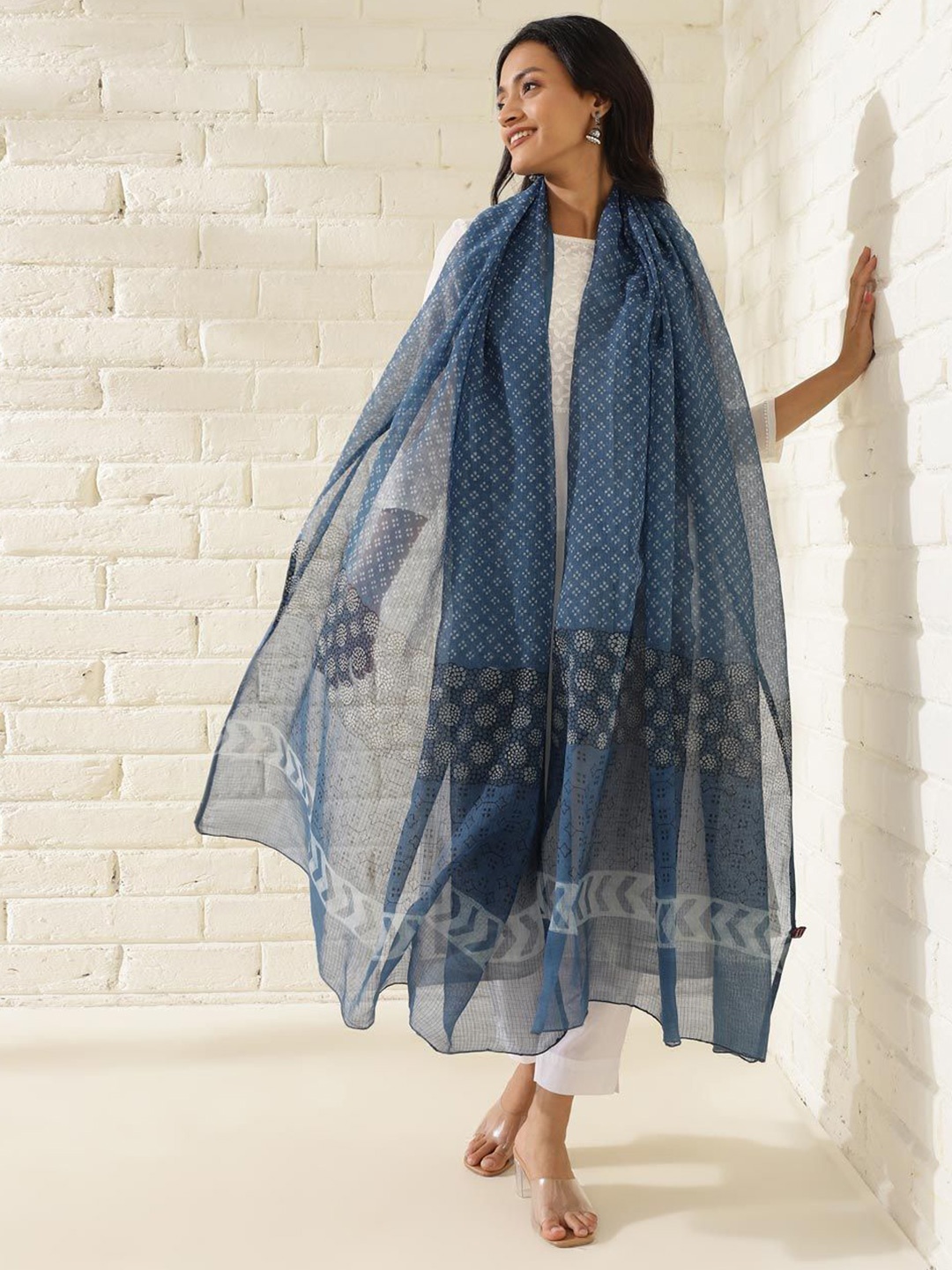 

Fabindia Ethnic Motifs Printed Cotton Silk Dupatta, Blue