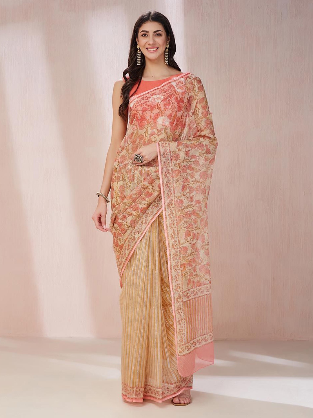 

Fabindia Ethnic Motifs Block Print Saree, Peach