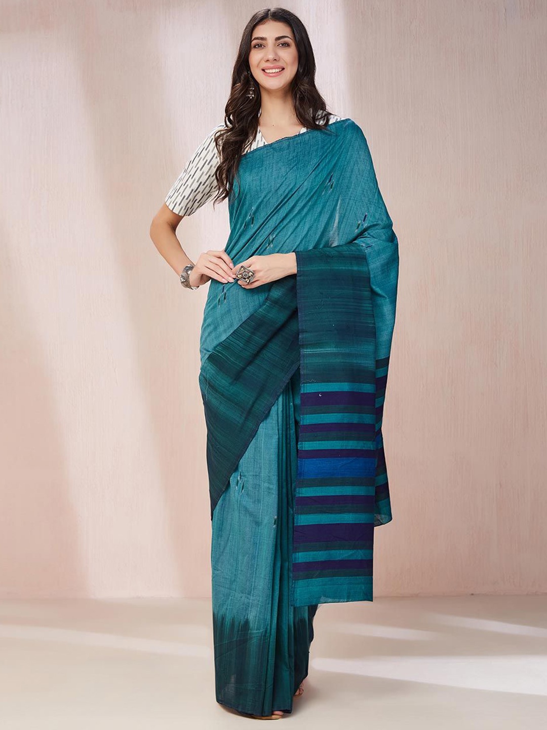 

Fabindia Ethnic Motifs Pure Cotton Saree, Blue