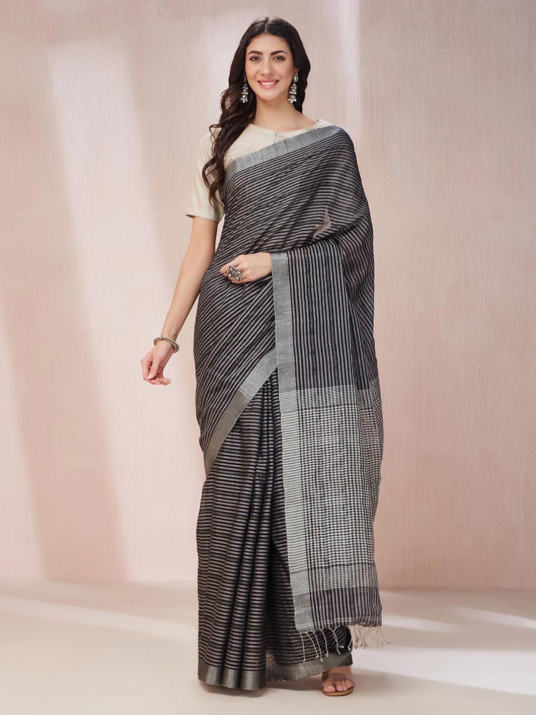 

Fabindia Striped Border Printed Saree, Black