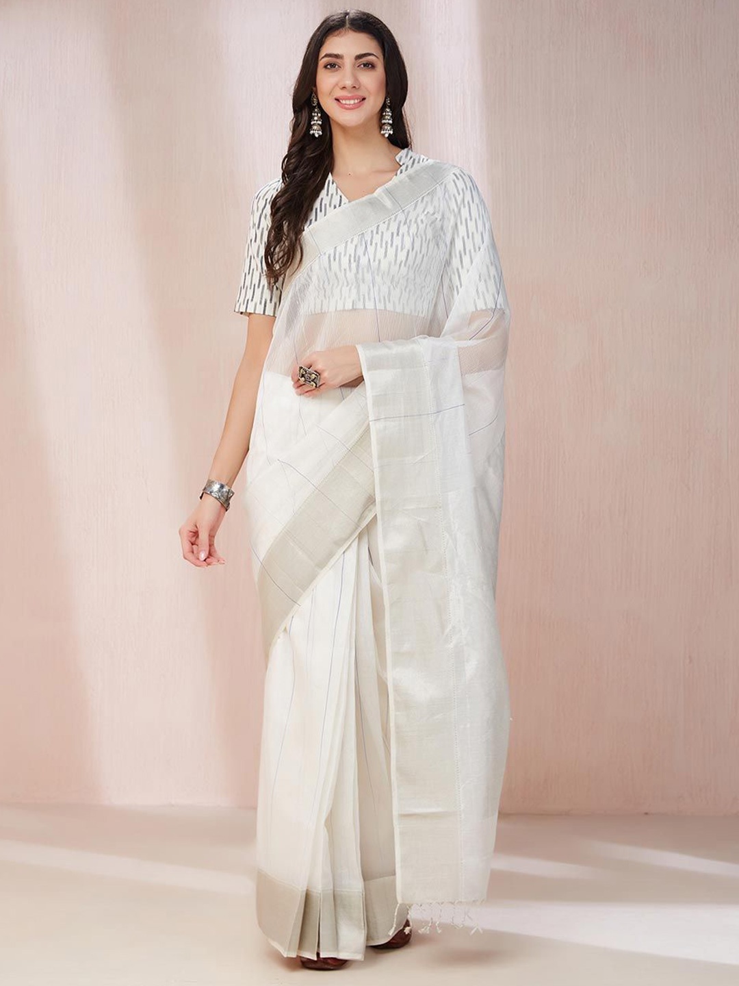 

Fabindia Natural Cotton Silk Blend Sari, Off white