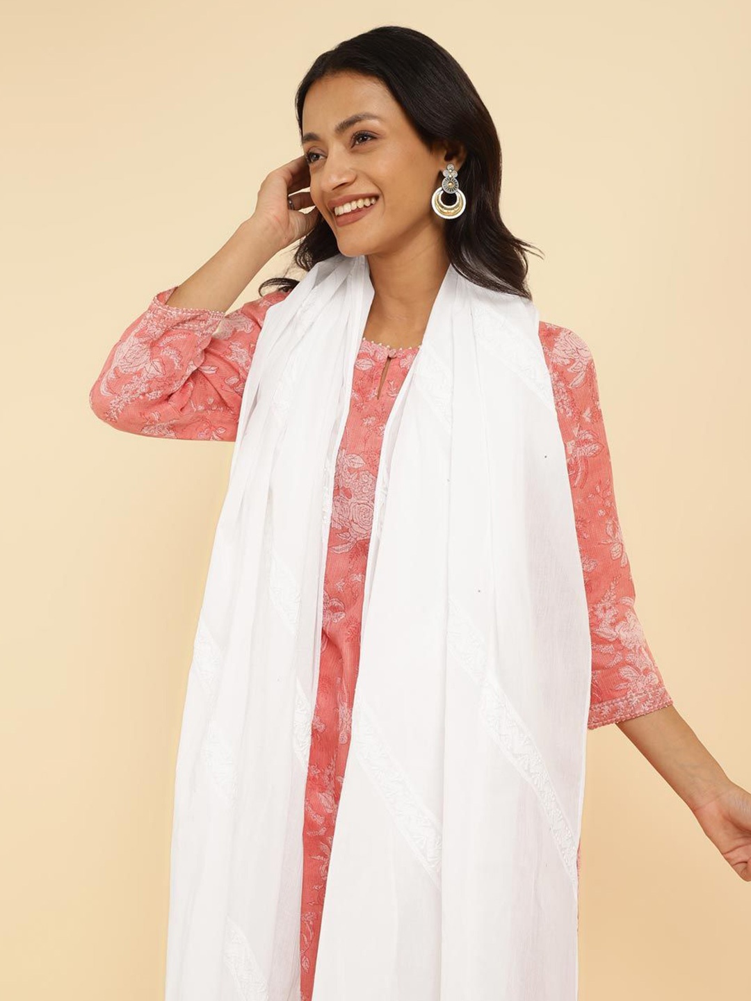 

Fabindia Ethnic Motifs Embroidered Cotton Dupatta, White