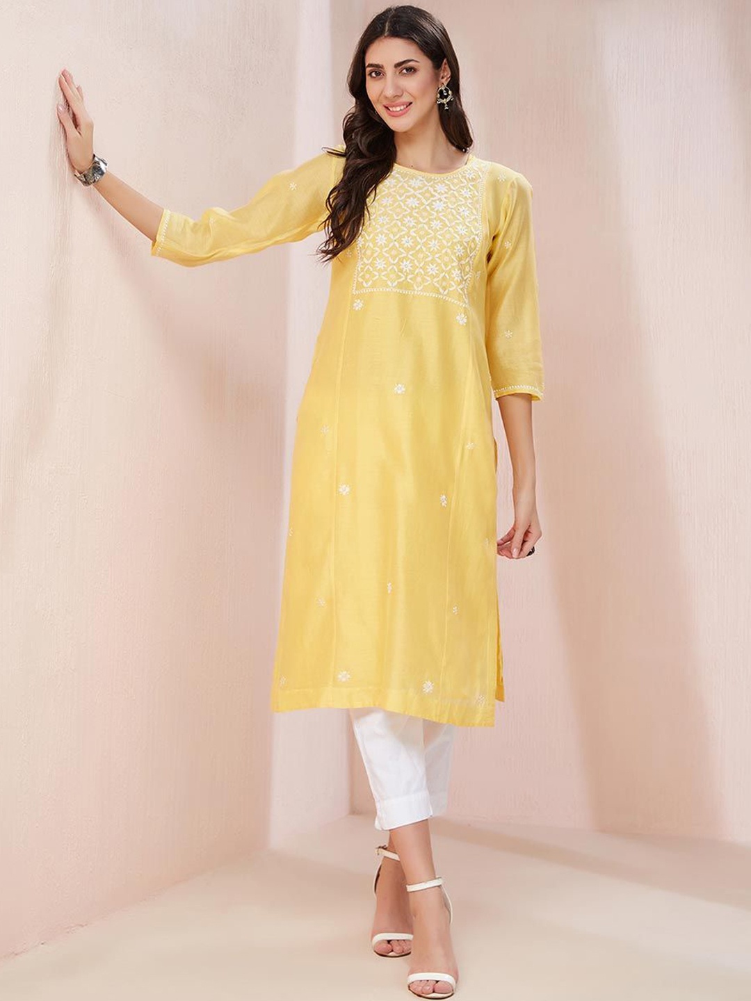 

Fabindia Floral Embroidered Cotton Silk Straight Kurta With Slip, Yellow