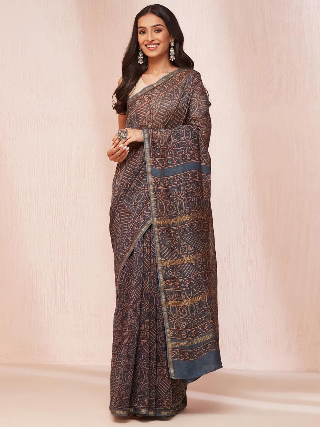 

Fabindia Ethnic Motifs Zari Dabu Saree, Brown