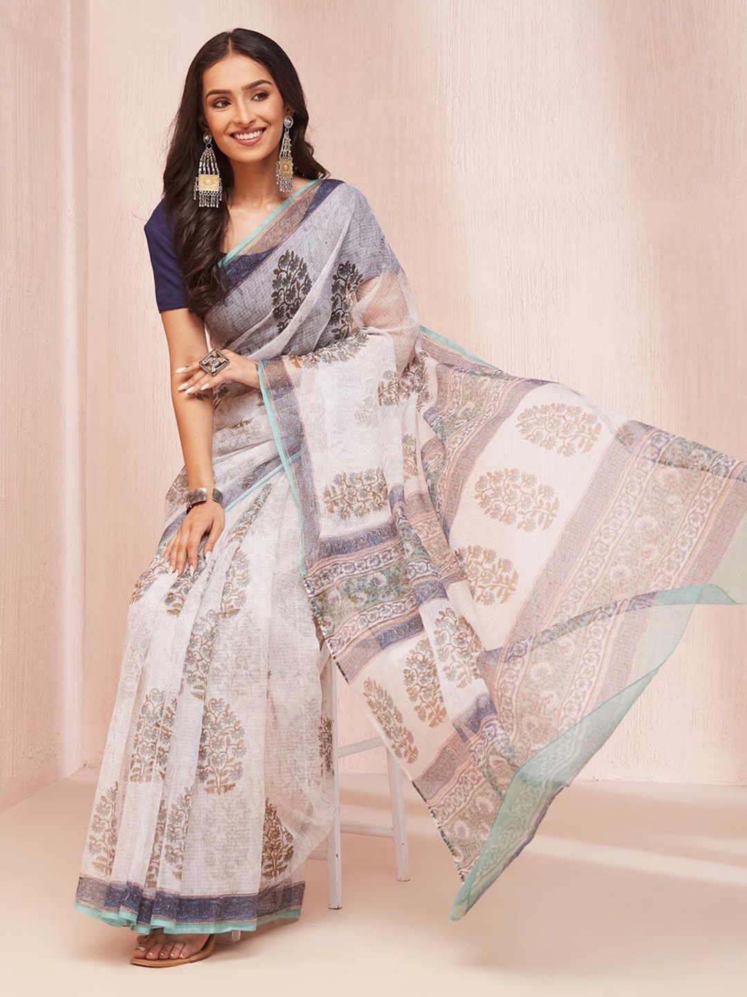 

Fabindia Floral Block Print Saree, Off white