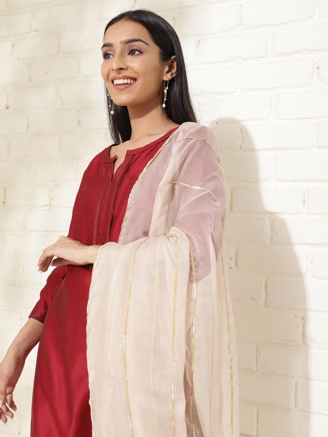 

Fabindia Striped Dupatta with Beads and Stones, Beige