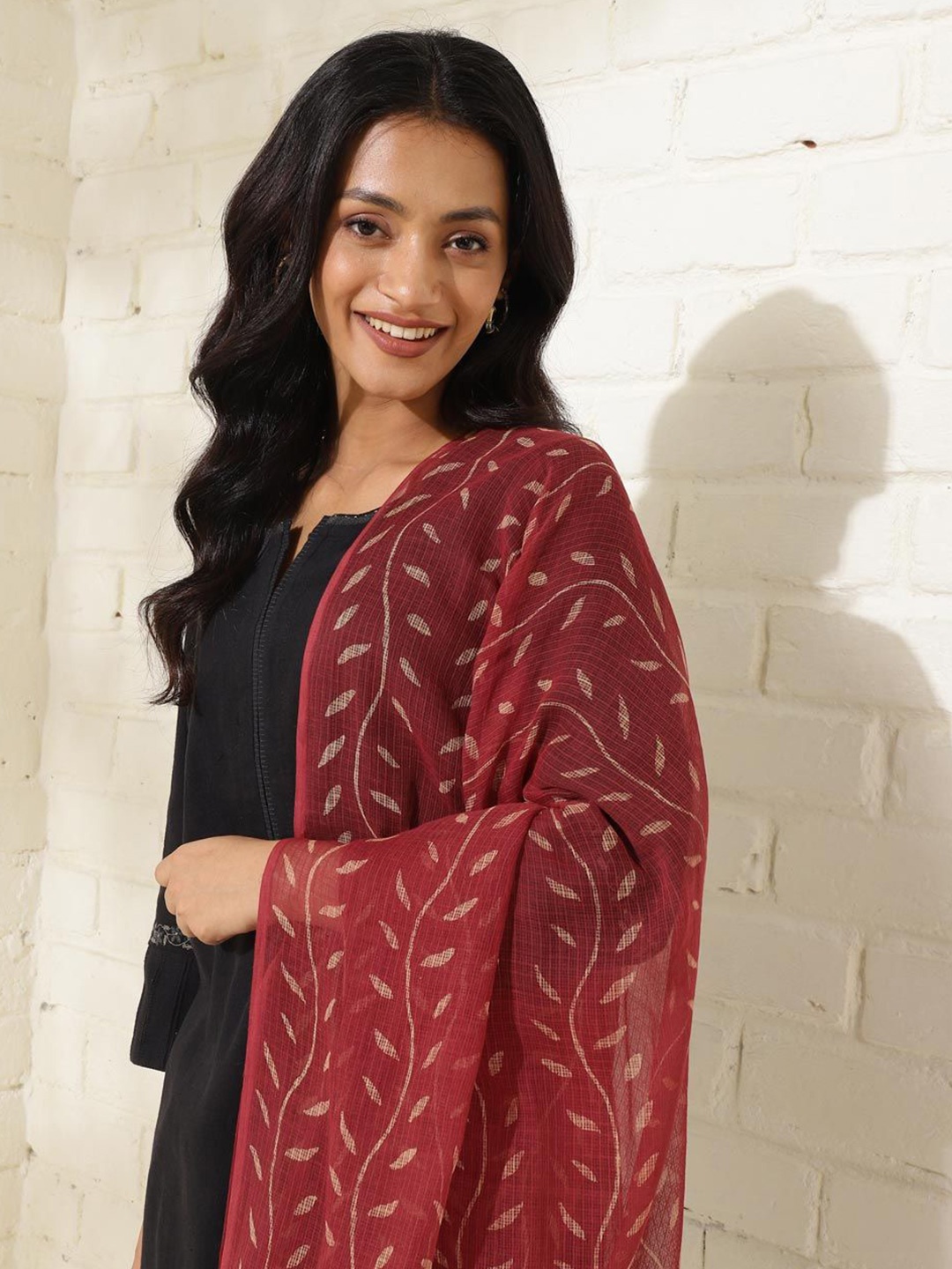 

Fabindia Ethnic Motifs Printed Cotton Silk Dupatta, Red