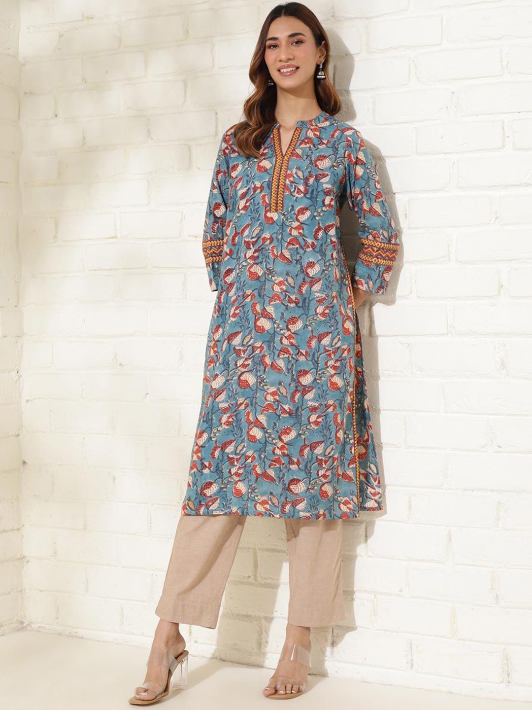 

Fabindia Ethnic Motifs Printed Mandarin Collar Cotton Straight Kurta, Blue