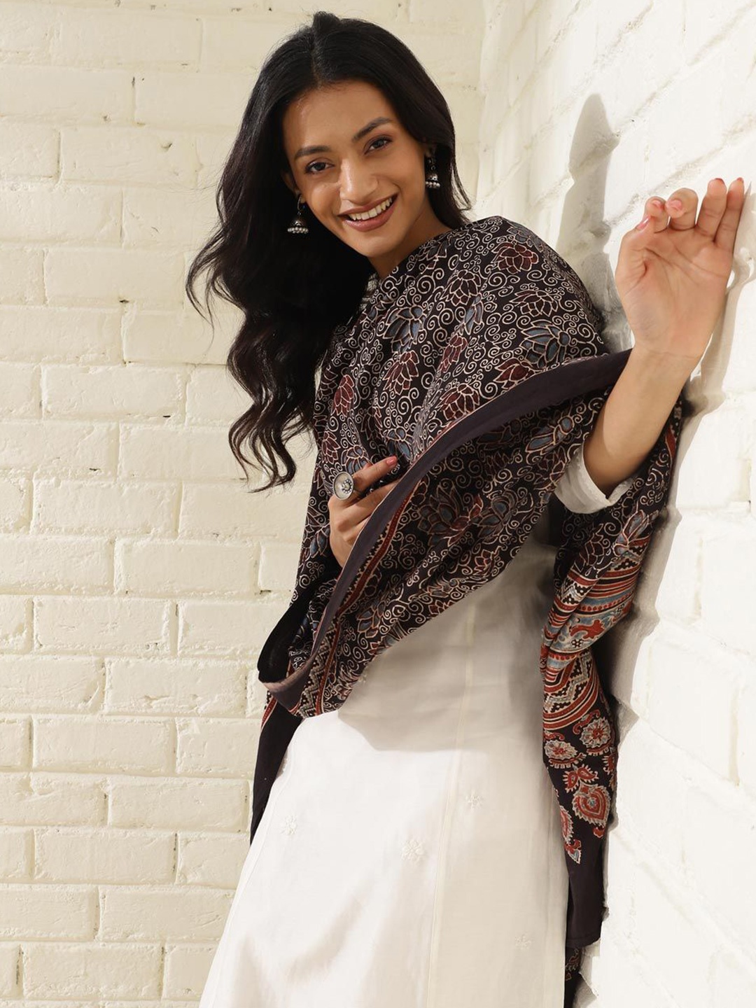 

Fabindia Ethnic Motifs Printed Cotton Dupatta, Black