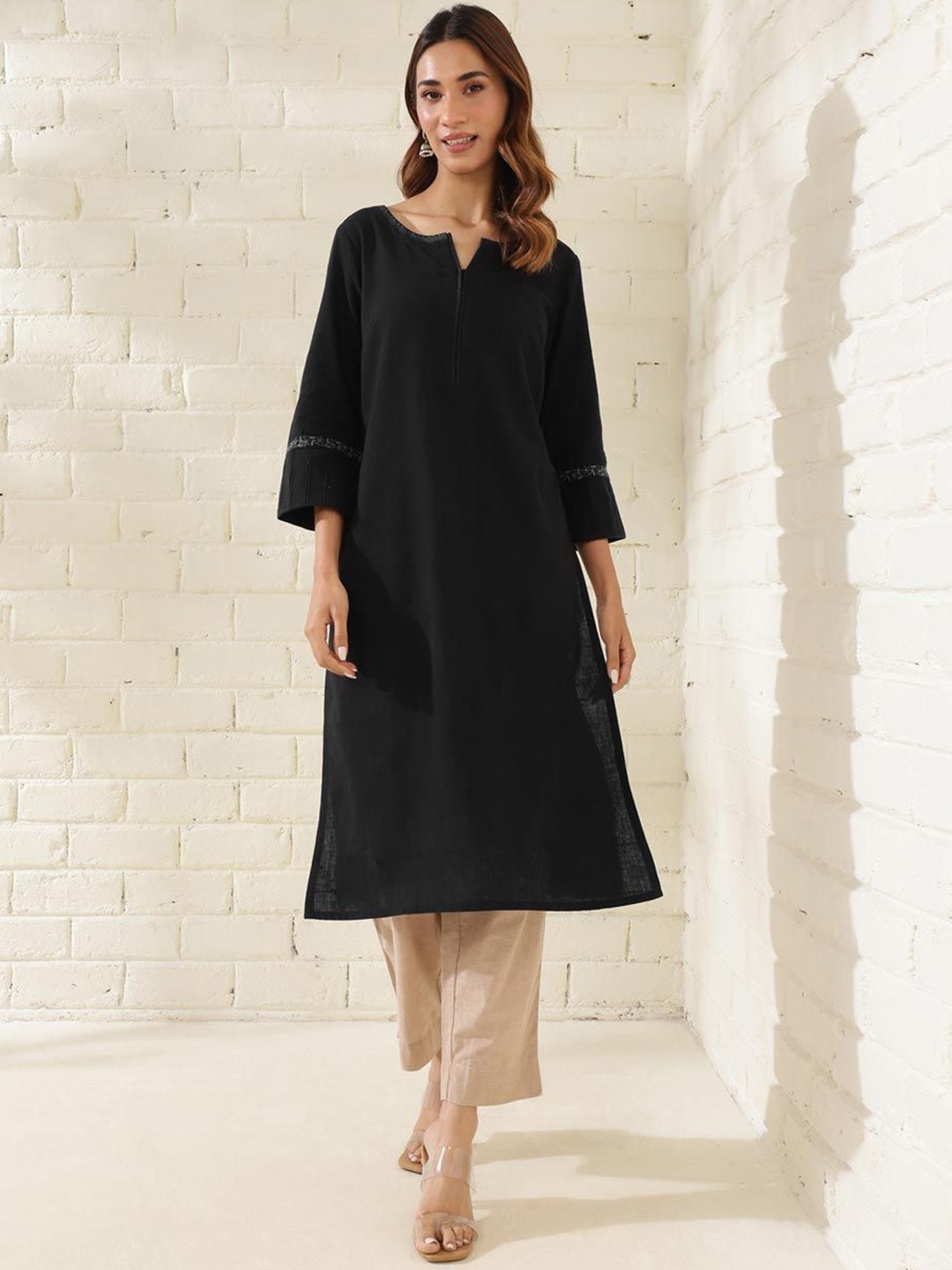 

Fabindia Round Neck Cotton Straight Kurta, Black