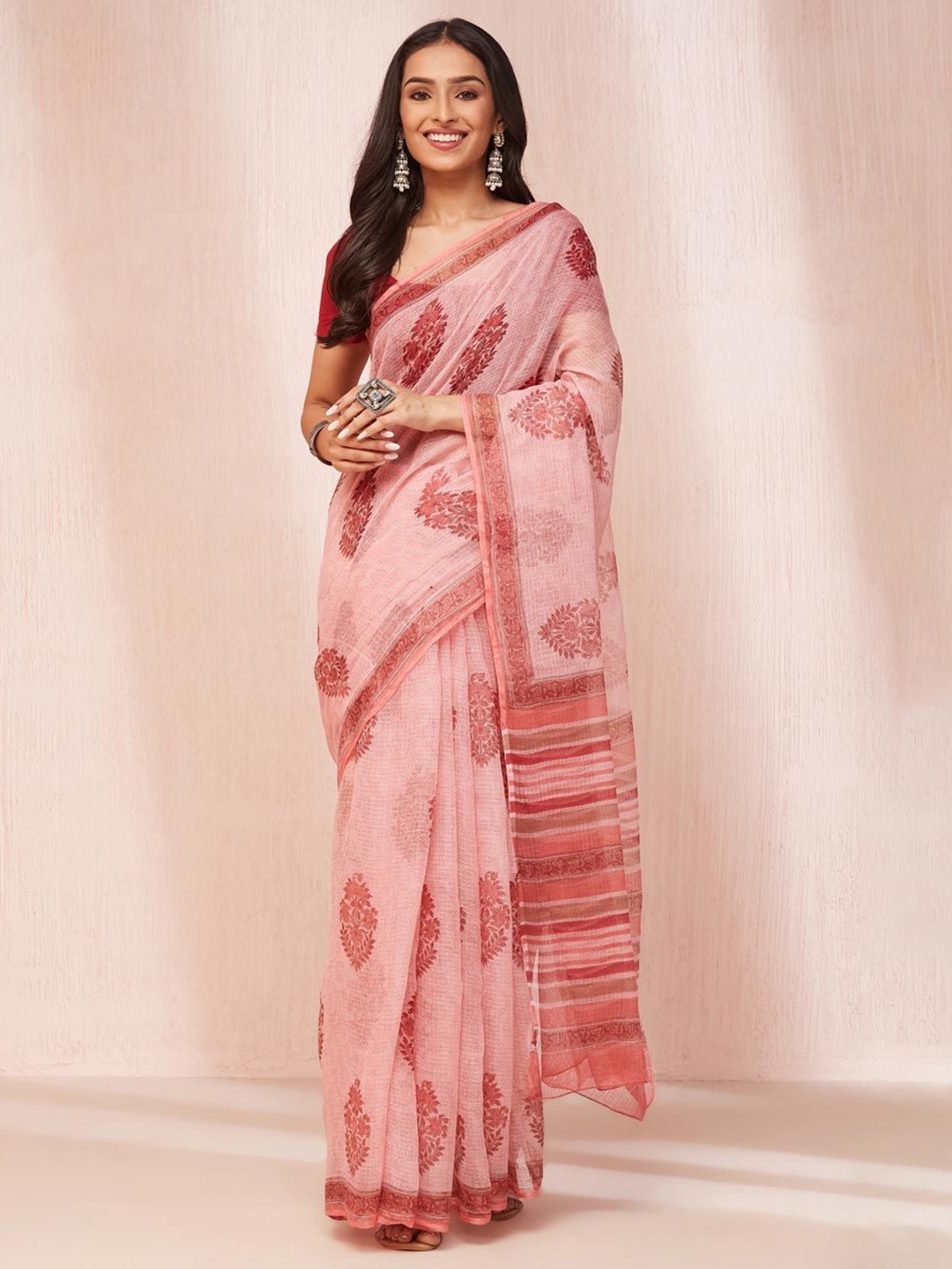 

Fabindia Ethnic Motifs Block Print Saree, Pink