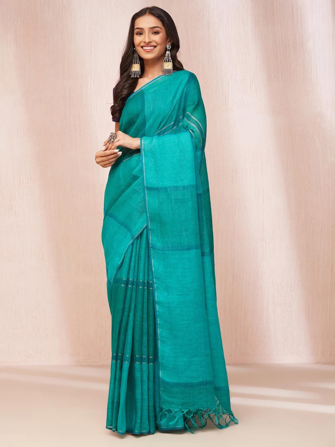 

Fabindia Striped Solid Border Saree, Green