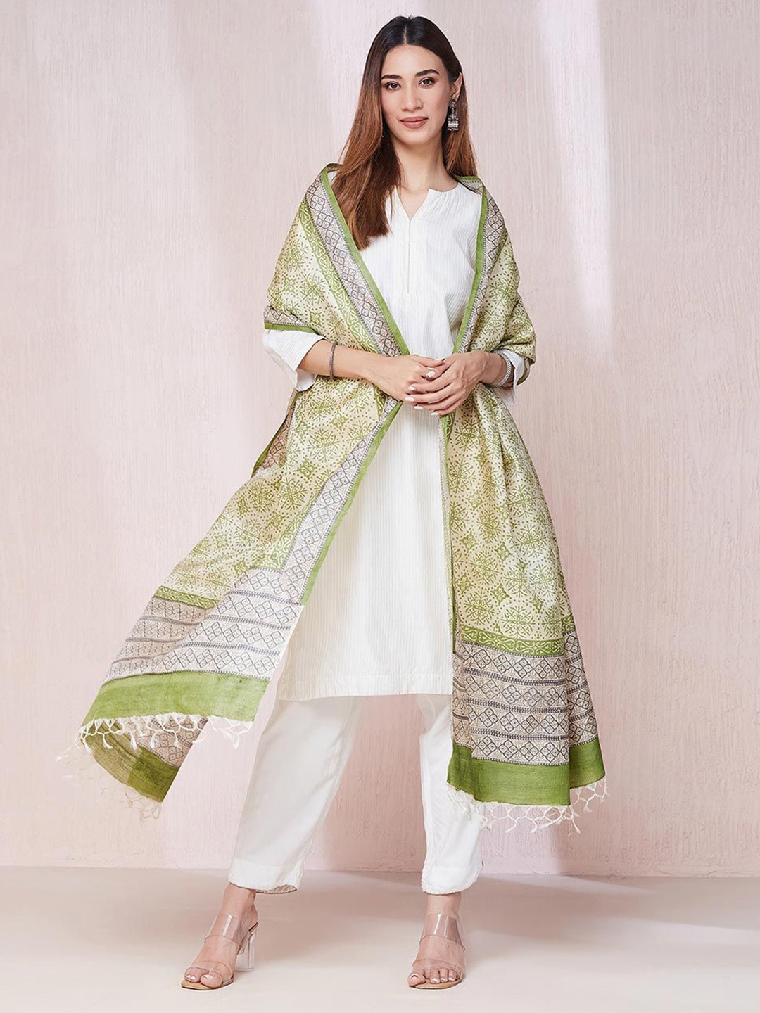 

Fabindia Ethnic Motifs Printed Silk Dupatta, Green