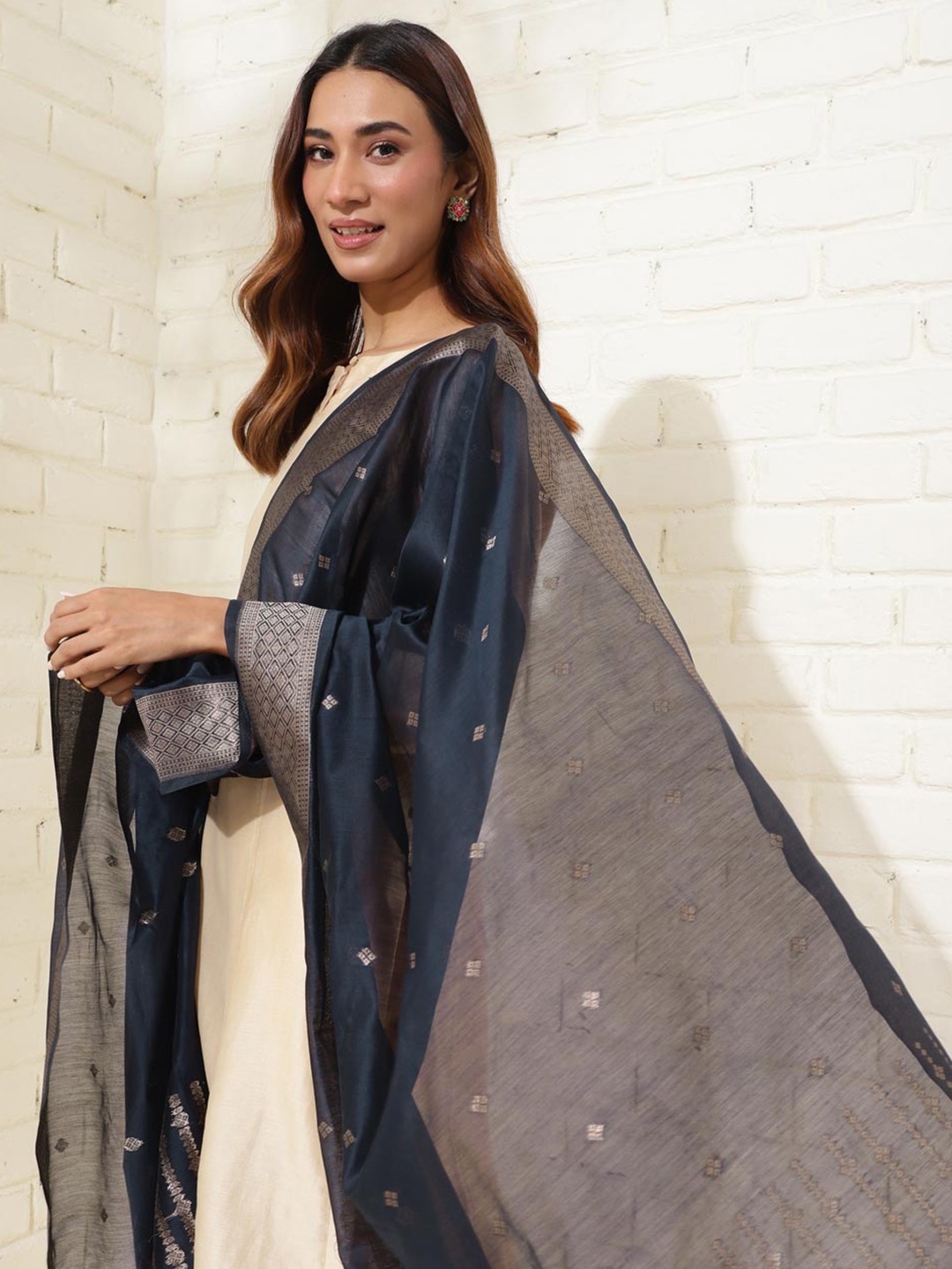 

Fabindia Woven Design Cotton Silk Dupatta with Zari, Navy blue