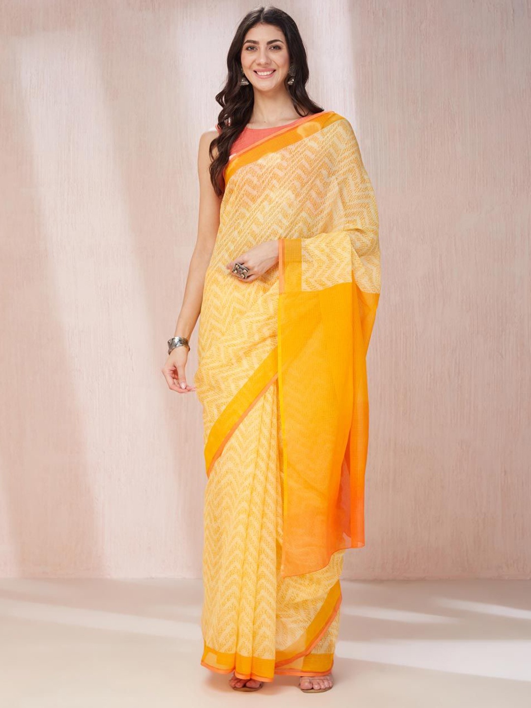 

Fabindia Block Printed Saree, Mustard