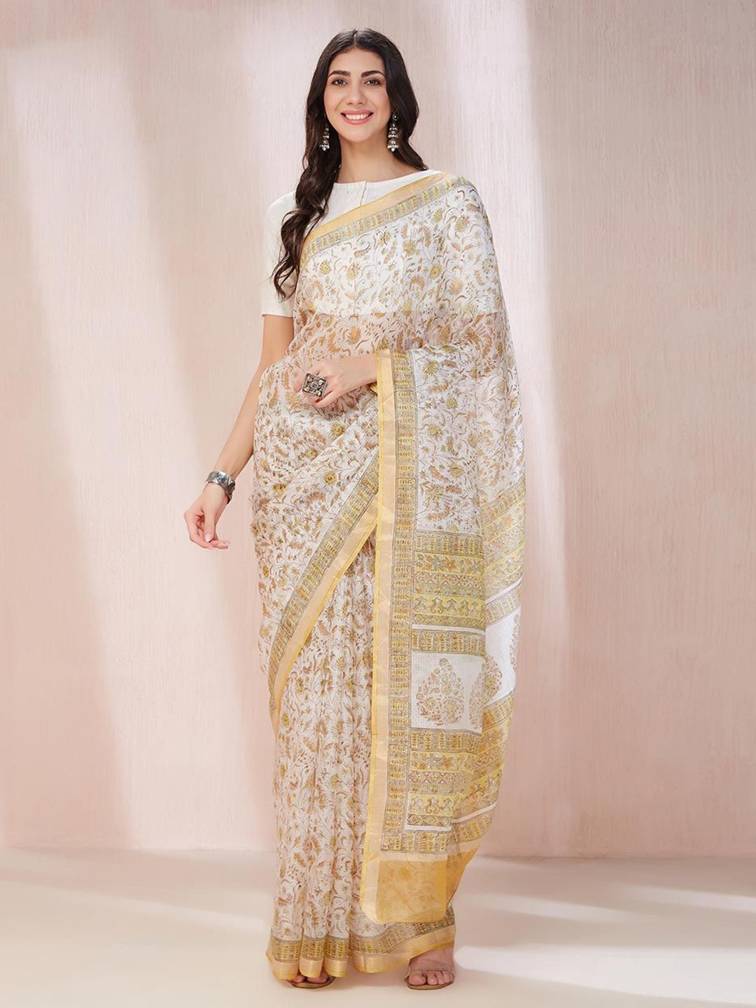 

Fabindia Natural Silk Blend Sari, Off white