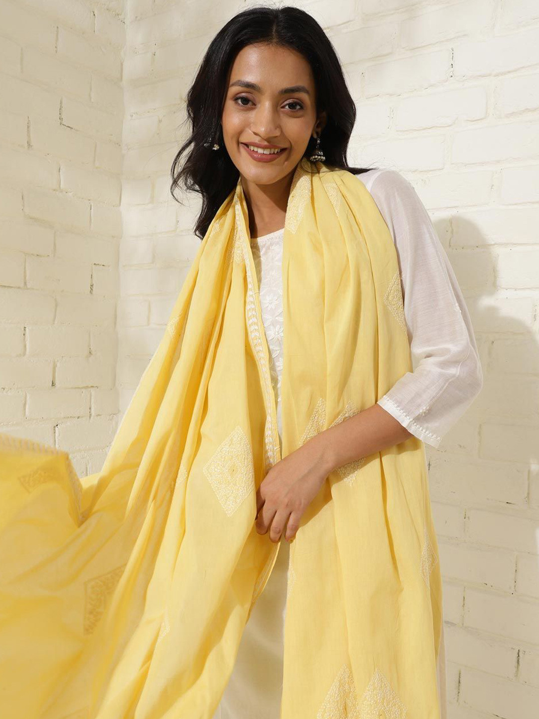 

Fabindia Ethnic Motifs Embroidered Cotton Dupatta, Yellow
