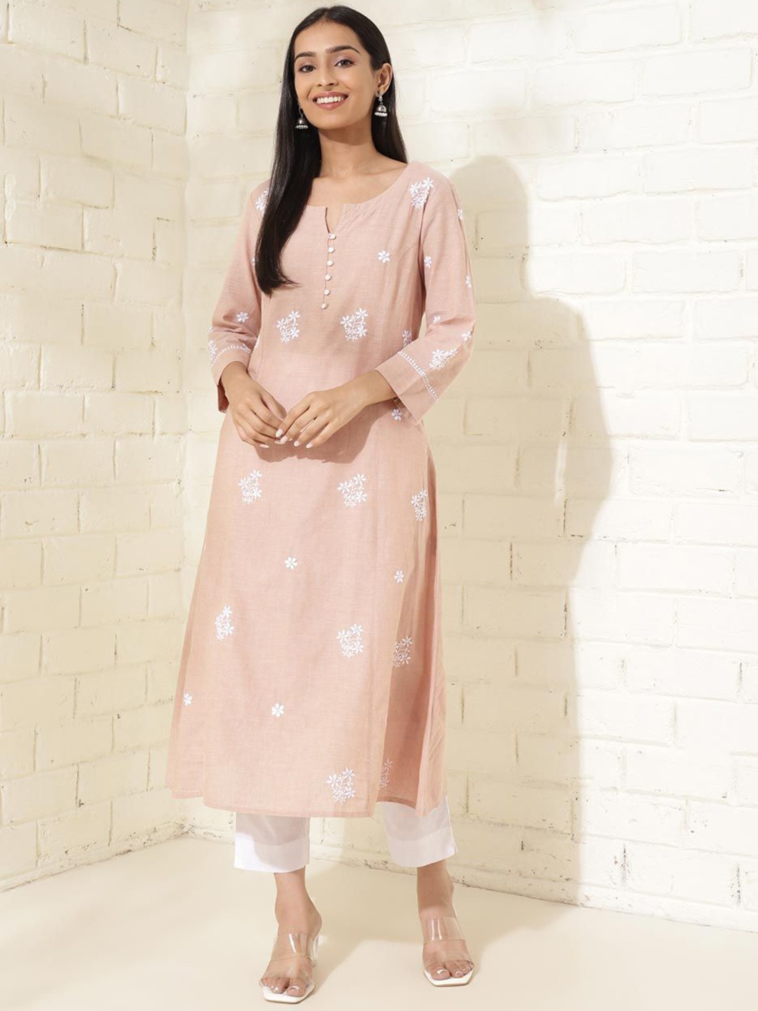 

Fabindia Ethnic Motifs Embroidered Notch Neck Cotton A-Line Kurta, Beige