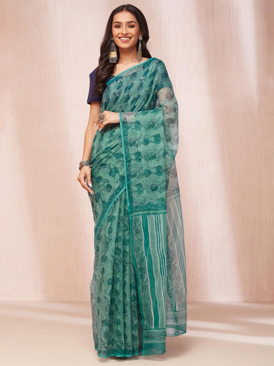 

Fabindia Ethnic Motifs Block Print Saree, Sea green