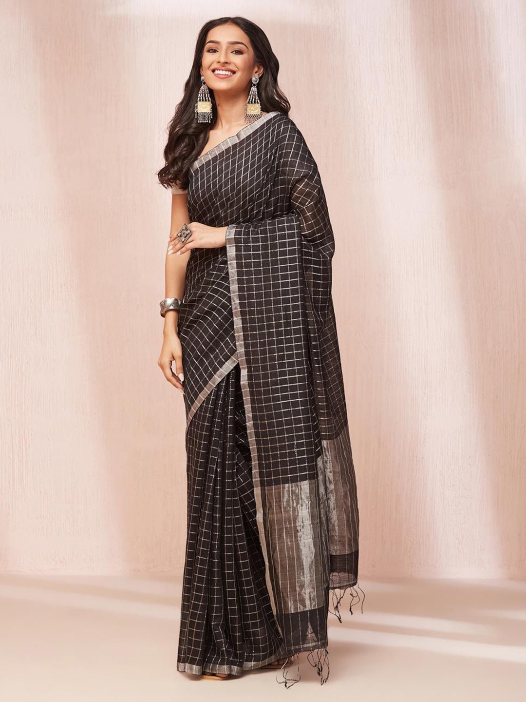 

Fabindia Checked Zari Saree, Black