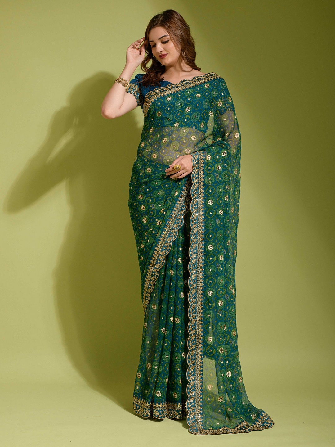 

CANIZZARO Ethnic Motifs Printed Embroidered Pure Georgette Saree, Green