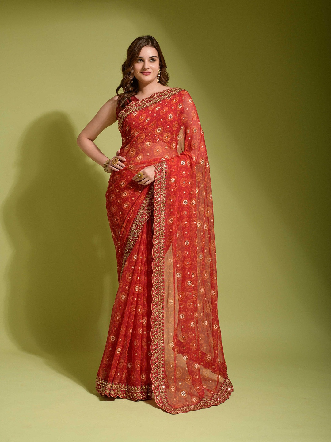

CANIZZARO Bandhani Printed Sequinned Pure Georgette Saree, Red