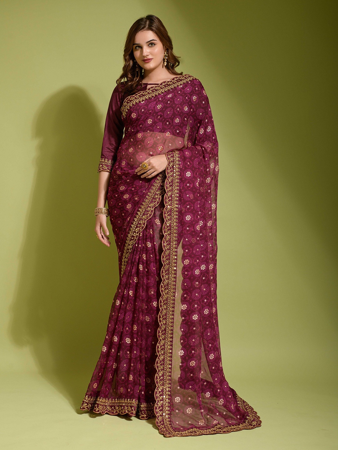 

CANIZZARO Bandhani Print Sequinned Pure Georgette Saree, Maroon