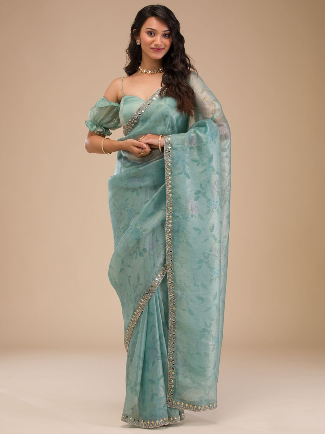 

Koskii Floral Beads and Stones Tissue Saree, Green