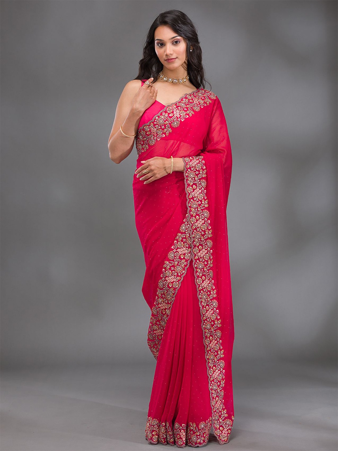 

Koskii Embellished Sequinned Pure Georgette Saree, Pink