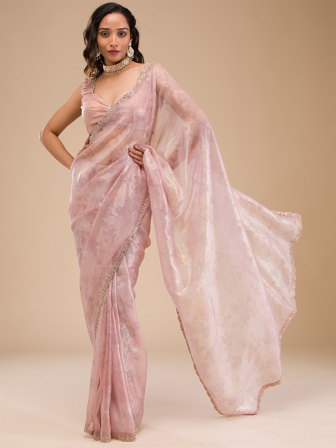 

Koskii Floral Beads and Stones Tissue Saree, Pink