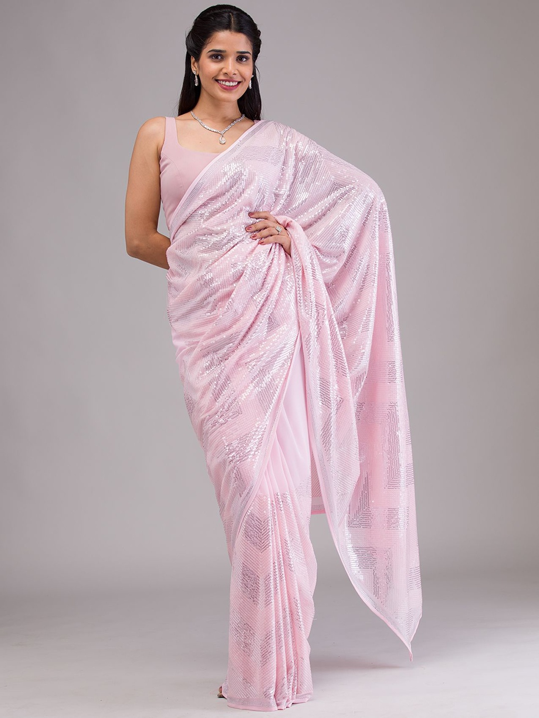 

Koskii Embellished Sequinned Pure Georgette Saree, Pink