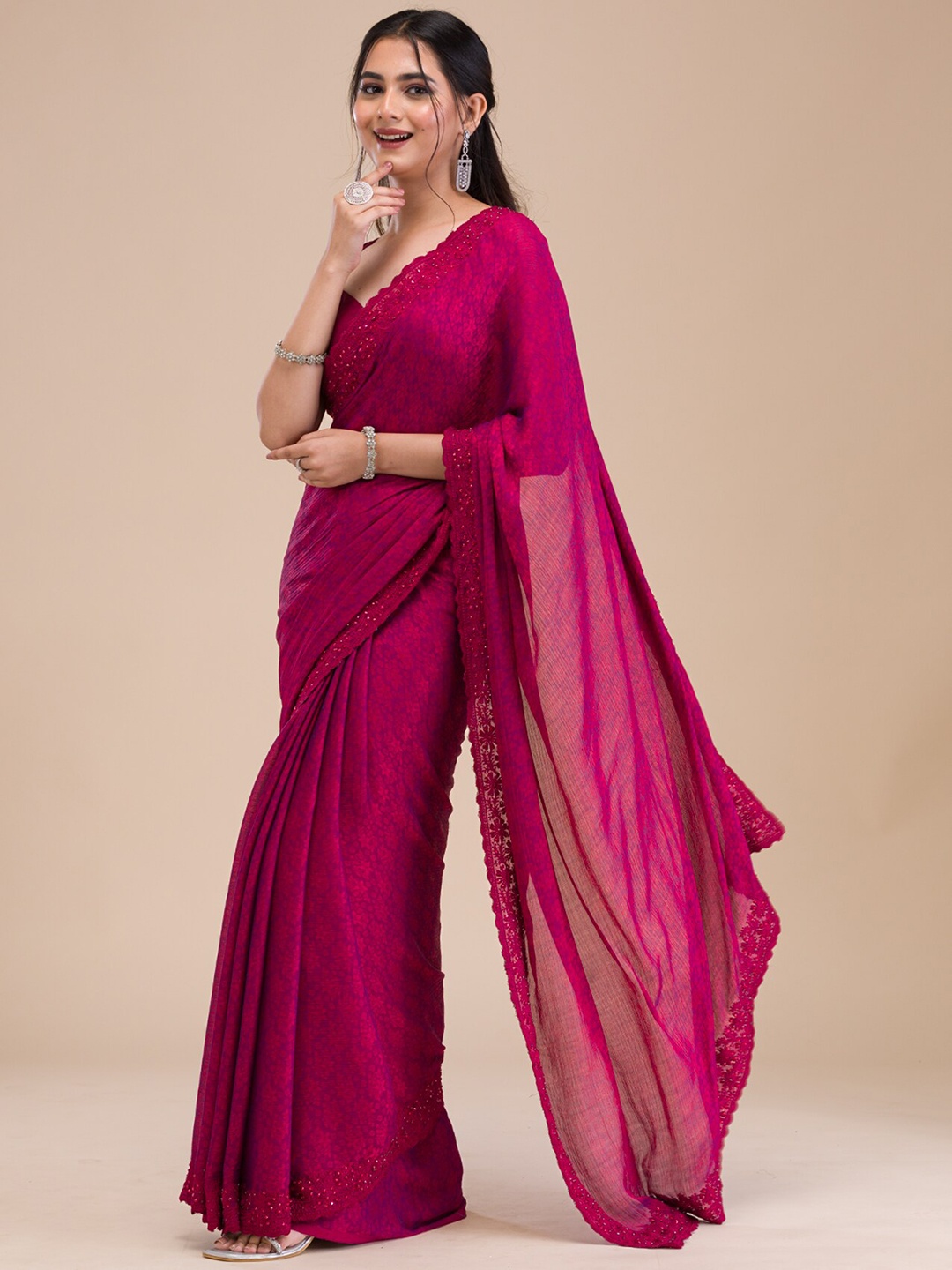 

Koskii Floral Printed Embroidered Pure Georgette Saree, Pink