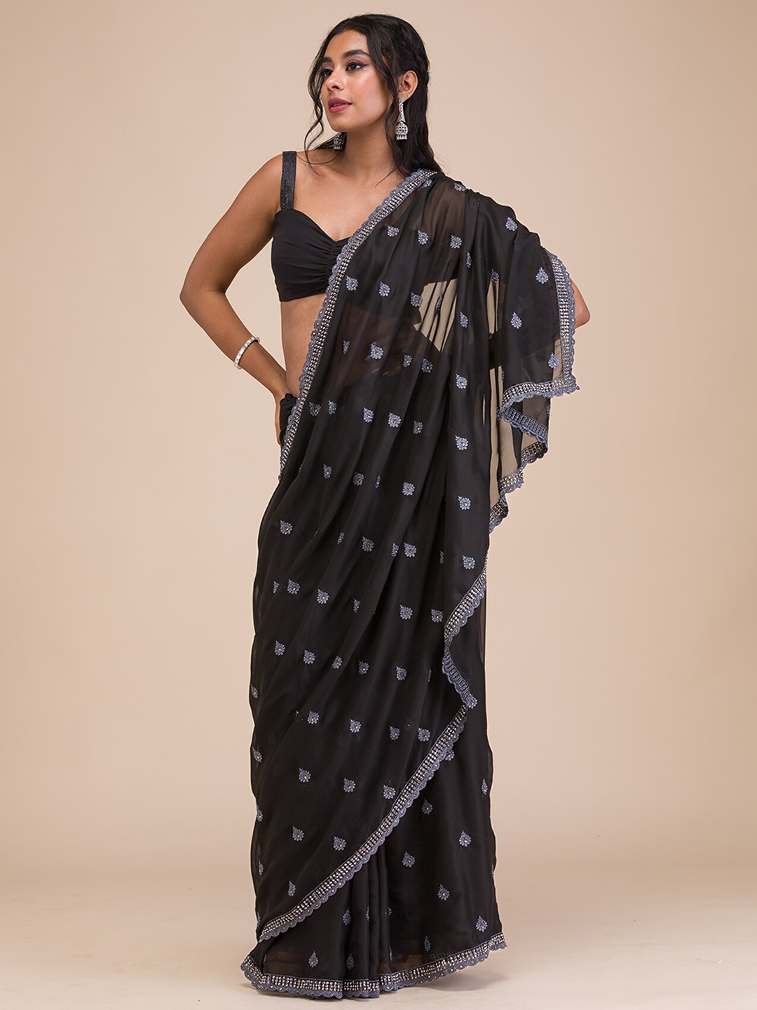 

Koskii Embellished Beads and Stones Pure Georgette Saree, Black