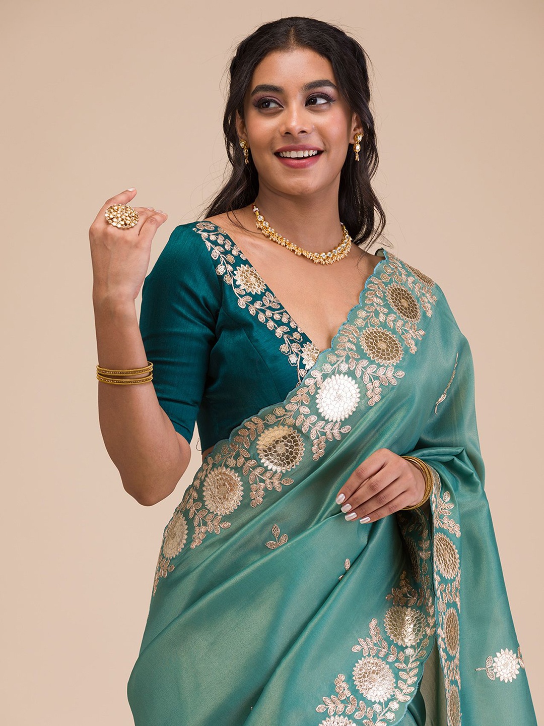 

Koskii Floral Gotapatti Embroidered Tissue Saree, Green