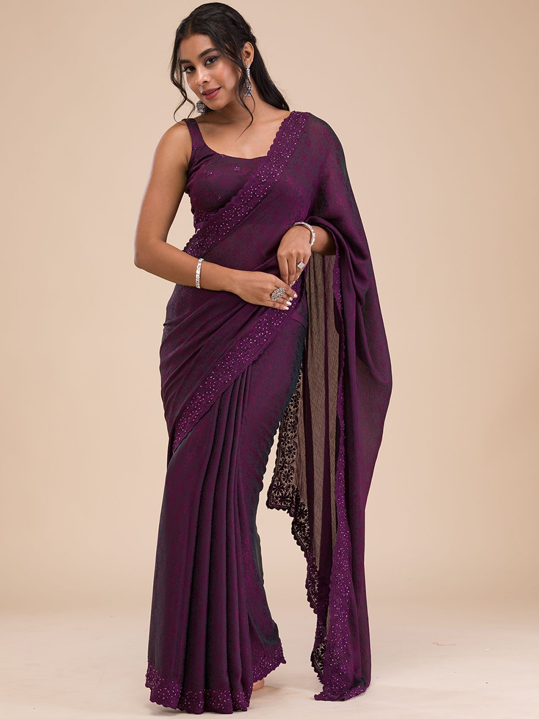 

Koskii Printed Beads and Stones Pure Georgette Saree, Purple