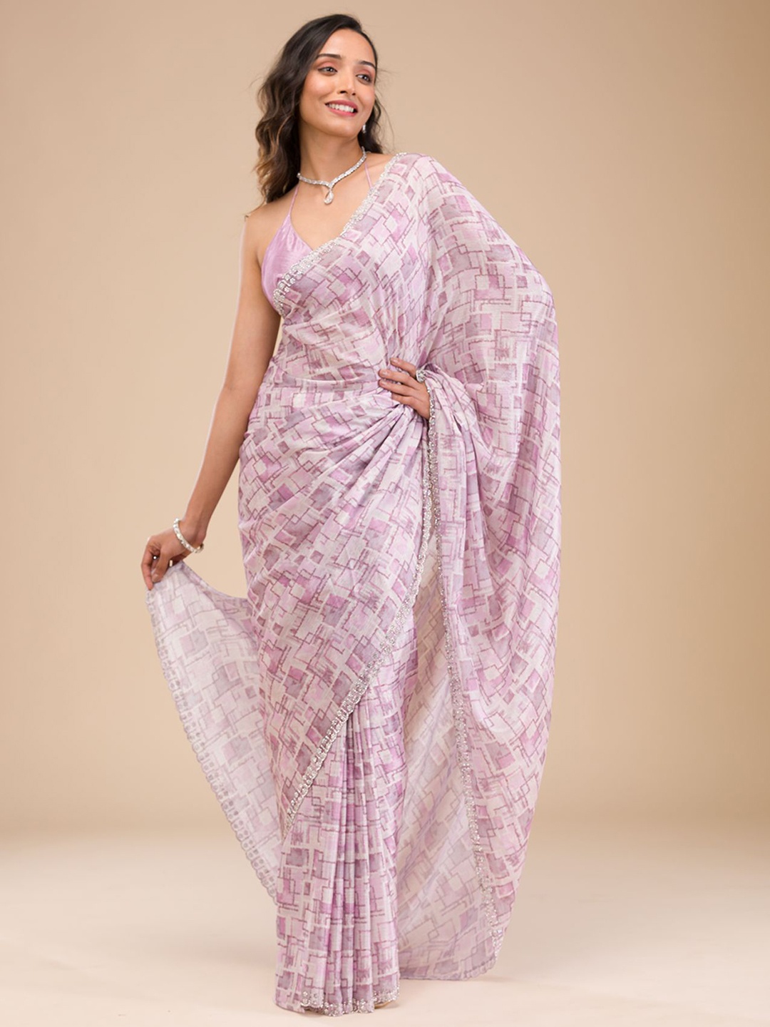 

Koskii Printed Beads and Stones Saree, Purple