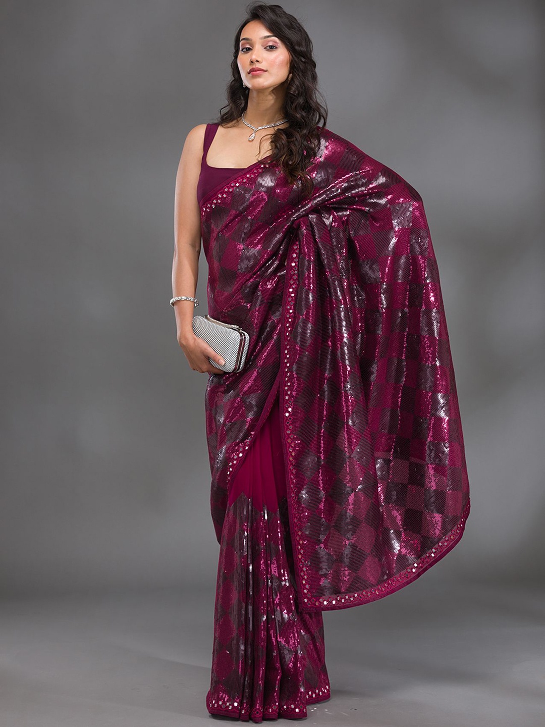 

Koskii Embellished Sequinned Pure Georgette Saree, Purple