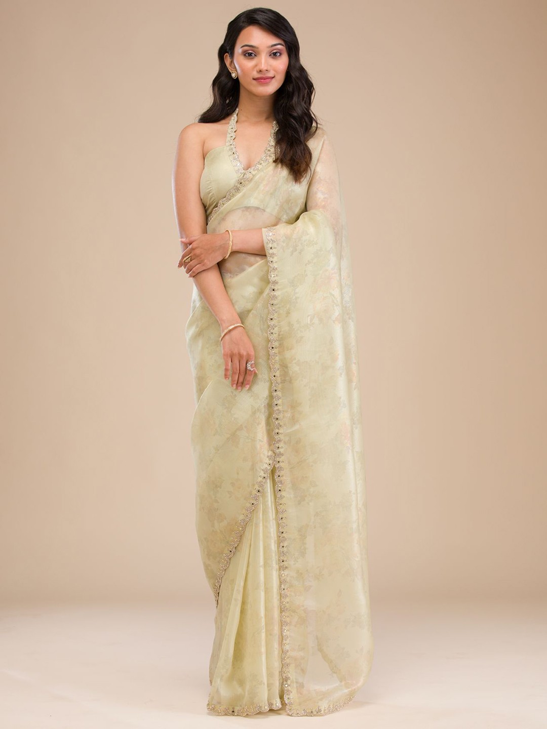 

Koskii Floral Beads and Stones Tissue Saree, Green
