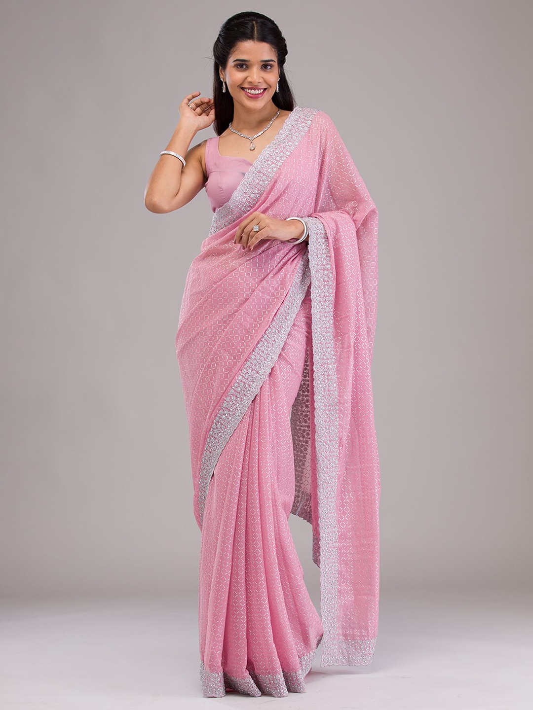 

Koskii Embellished Beads and Stones Pure Georgette Saree, Pink
