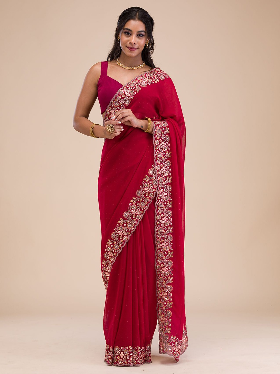

Koskii Embellished Embroidered Pure Georgette Saree, Red