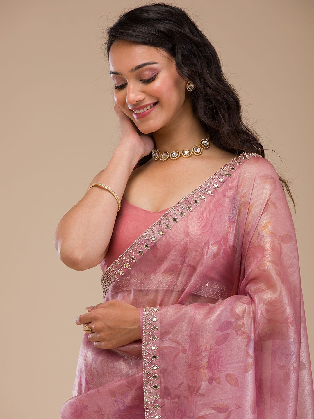 

Koskii Floral Beads and Stones Tissue Saree, Pink