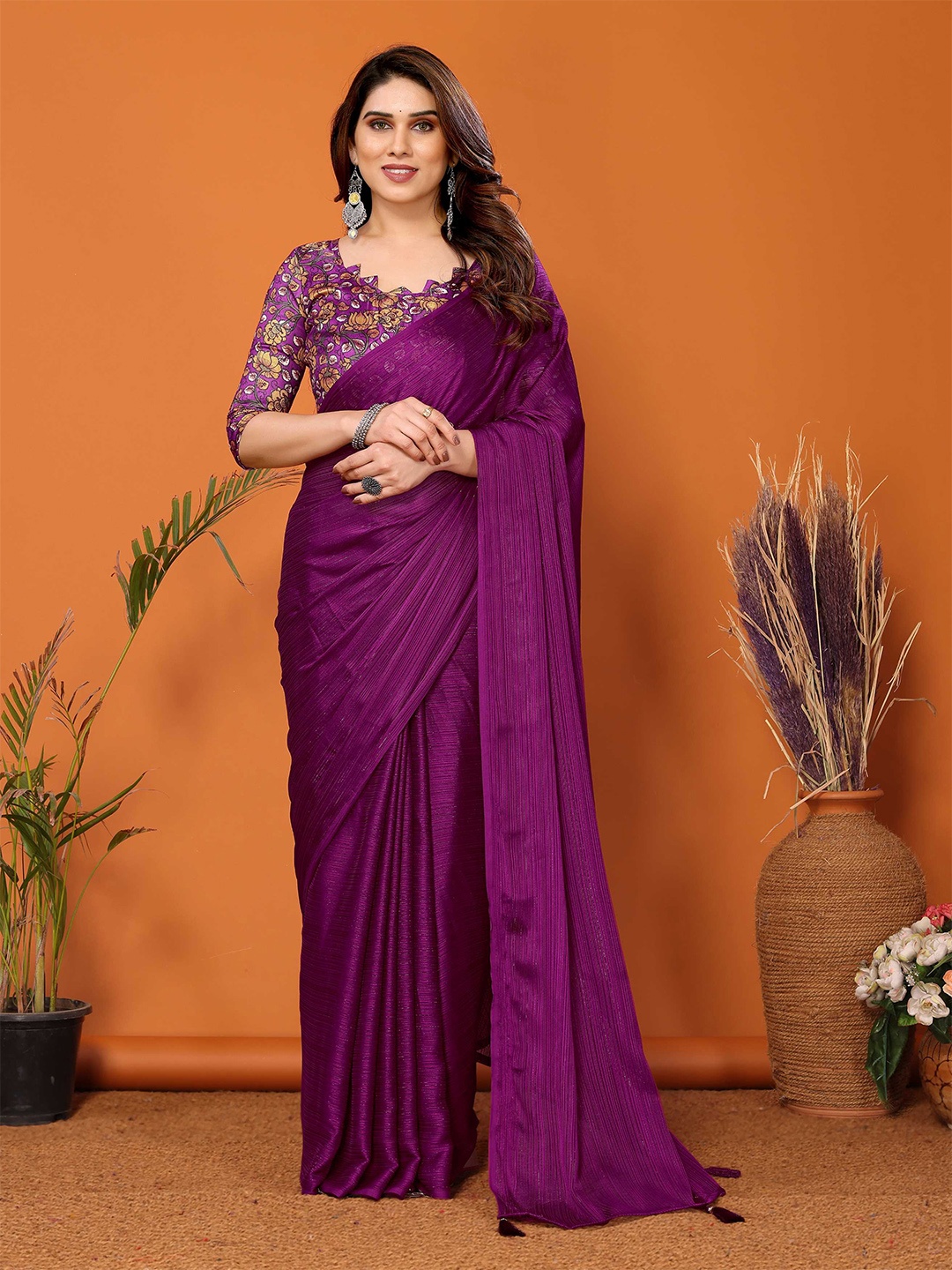 

Mitera Striped Saree With Unstitched Blouse Piece, Purple