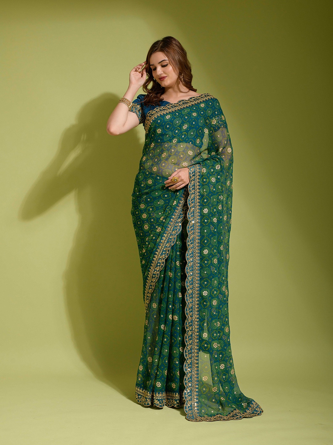 

KALINI Sequinned Pure Georgette Saree, Green