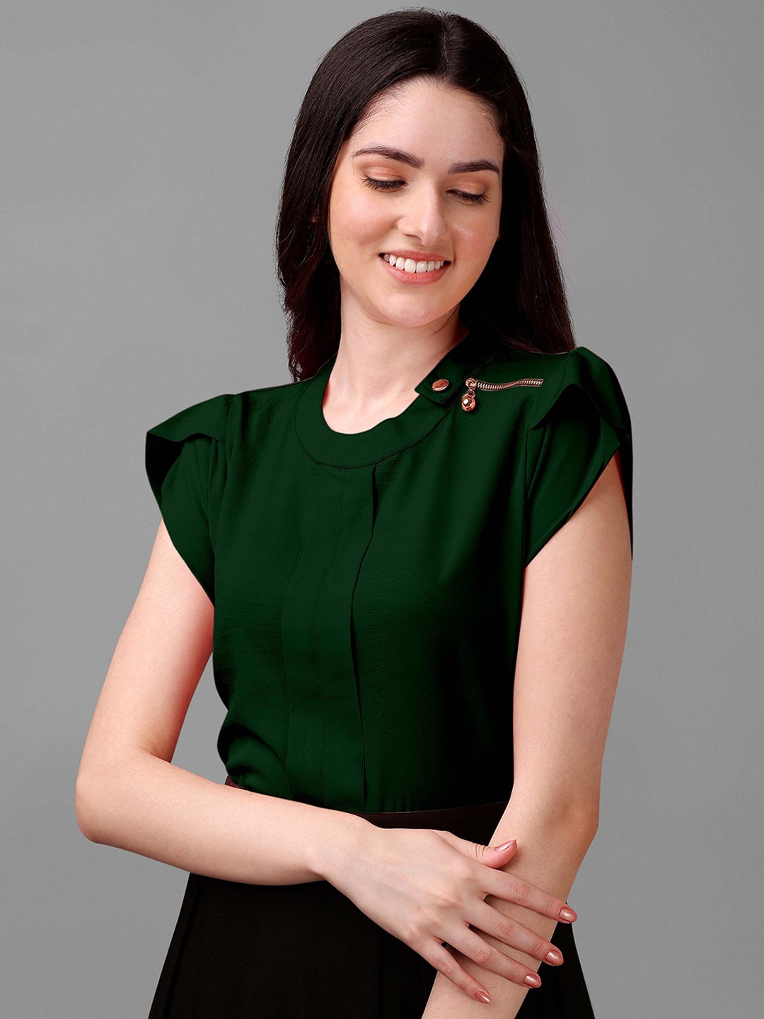 

Kinjo Mandarin Collar Puff Sleeves Top With Flared Skirt, Green