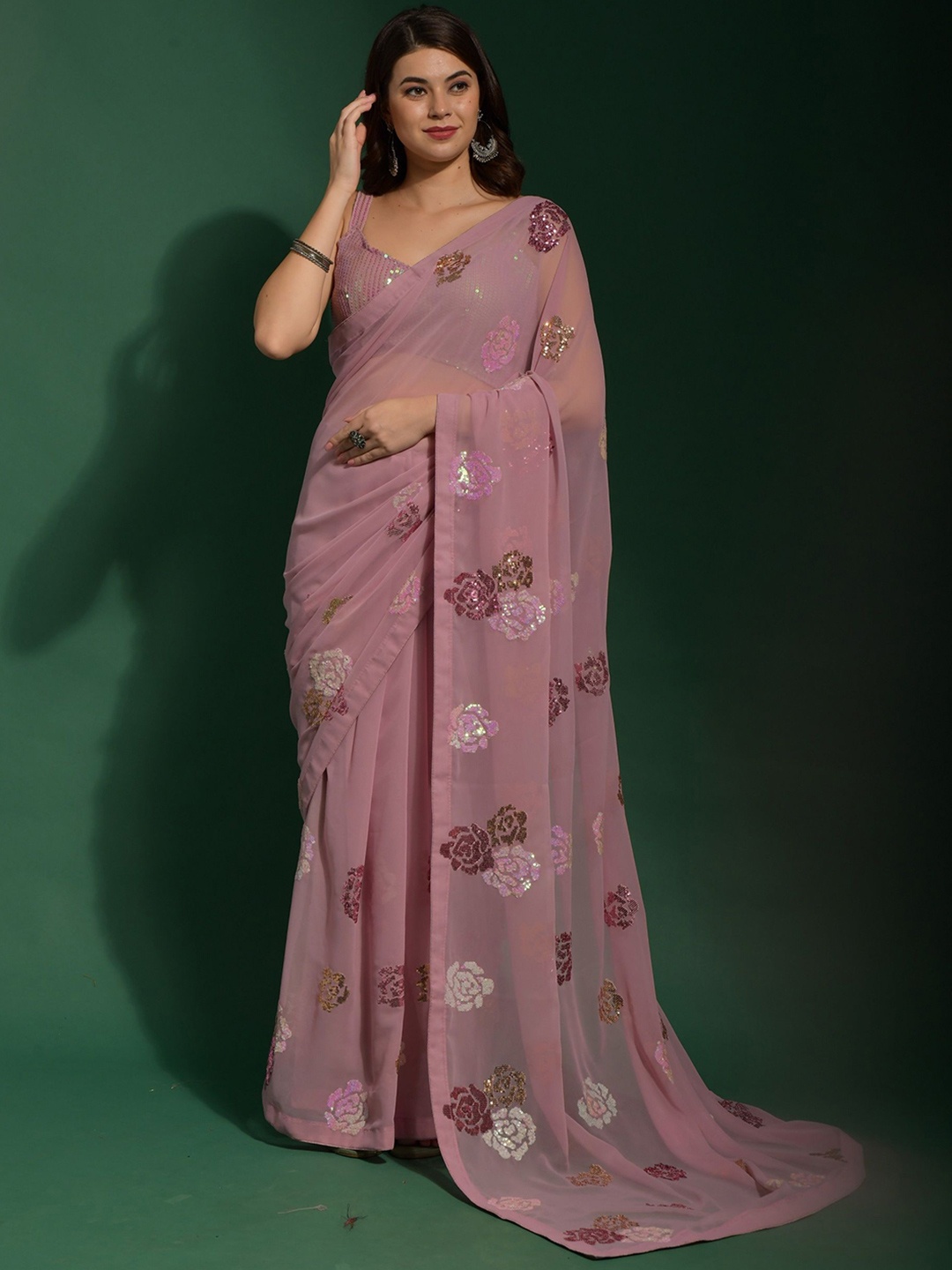 

KALINI Floral Embellished Sequinned Pure Georgette Saree, Mauve