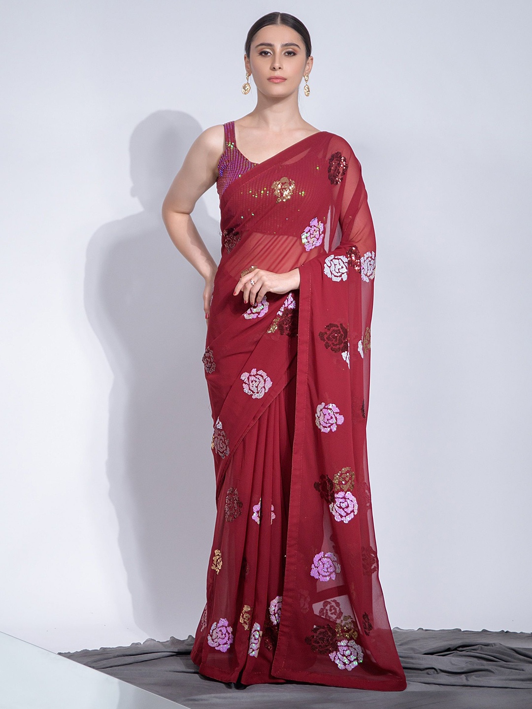 

KALINI Floral Embellished Sequinned Pure Georgette Saree, Red